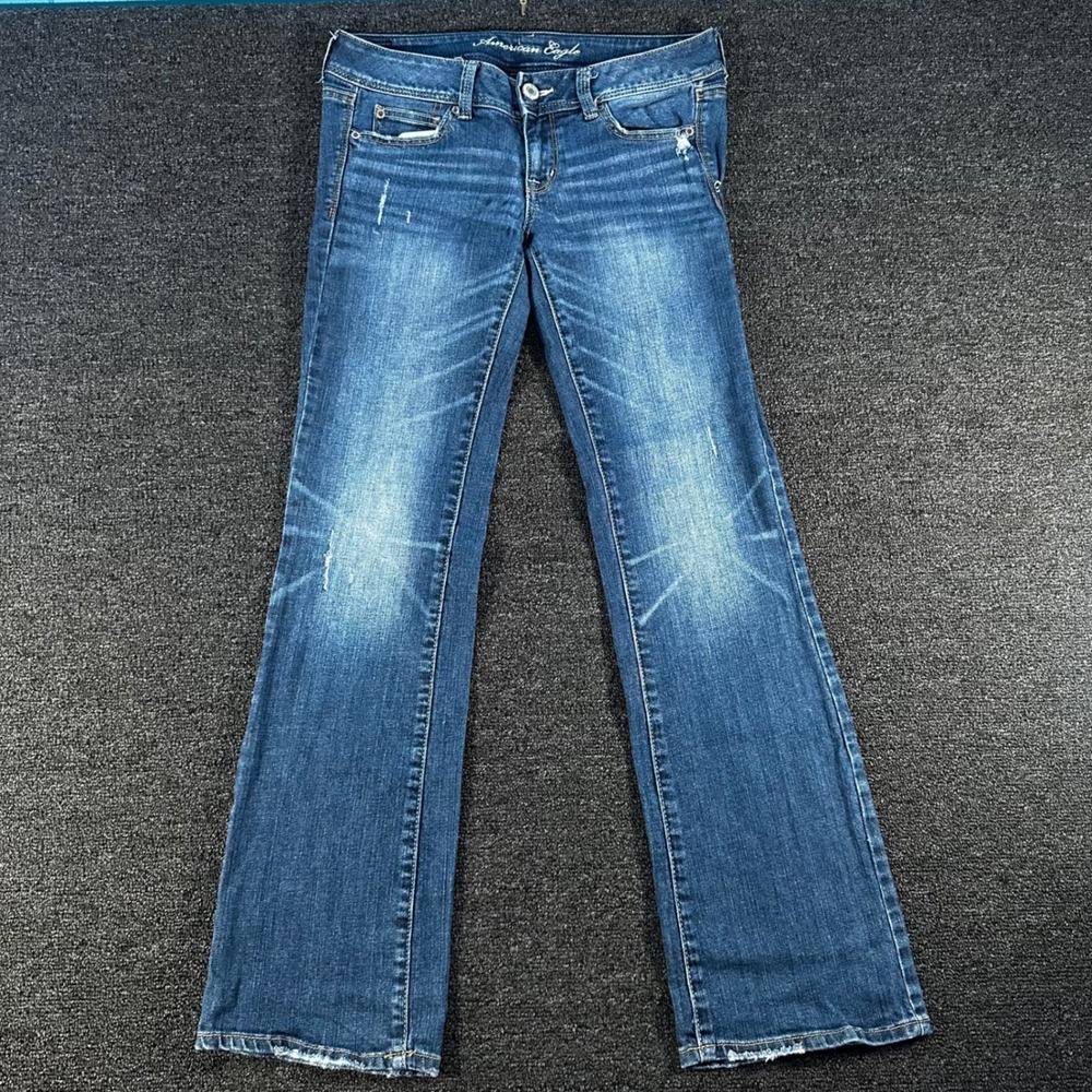 American Eagle Slim Boot Jeans Womens 8 Blue Good Low Rise Distressed Stretch